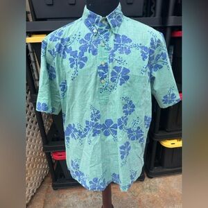 PreOwned Reyn Spooner Hawaiian Print Green/Blue 3/4 Button Men's Large